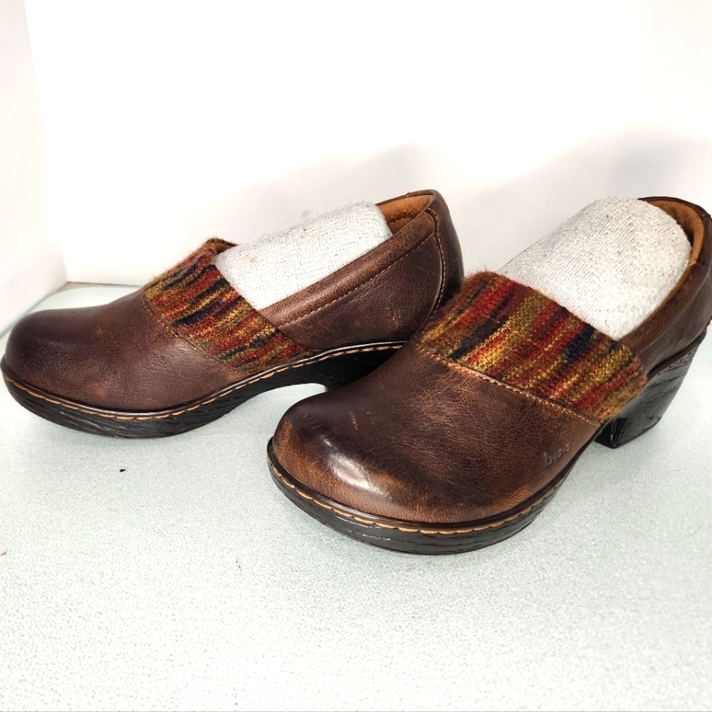 B.O.C. 7.5 distressed brown leather and multi color textile platform‎ mules